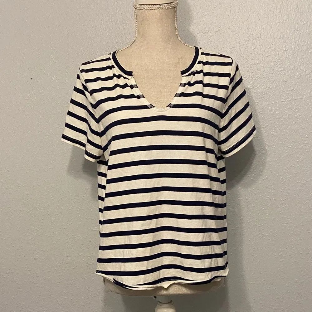 By Anthropologie Cream & White Striped Short Sleeve Cropped Blouse Size Medium